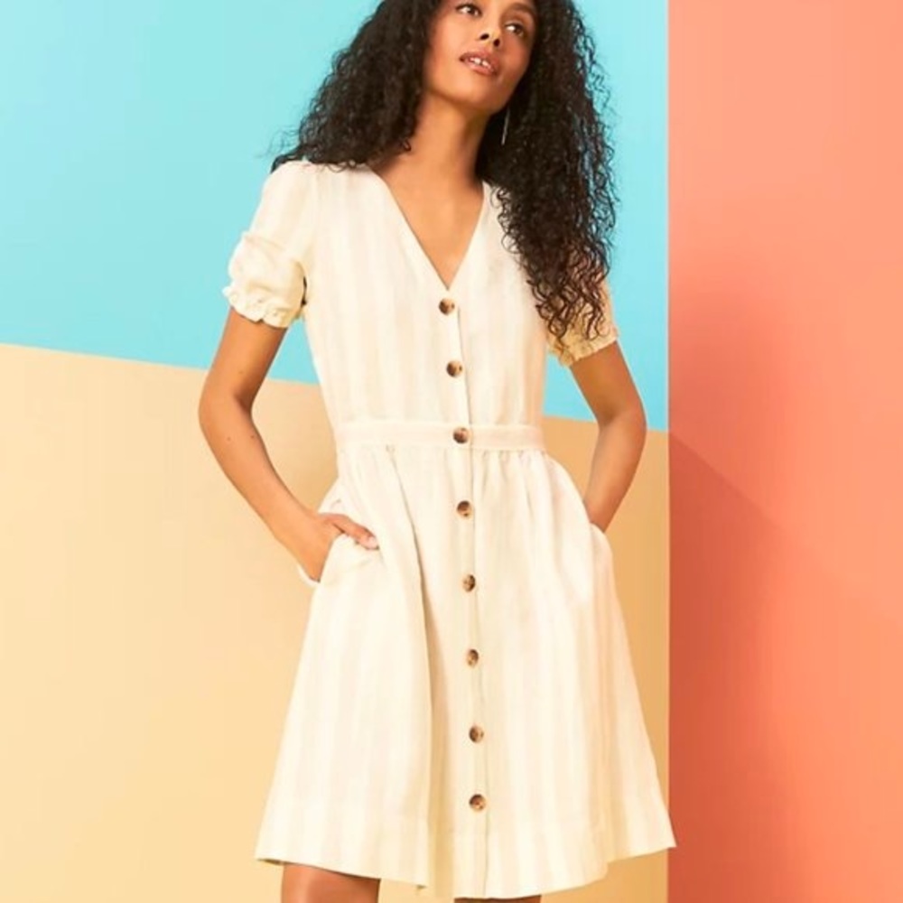 LOFT Striped Button Up Linen Blend Dress